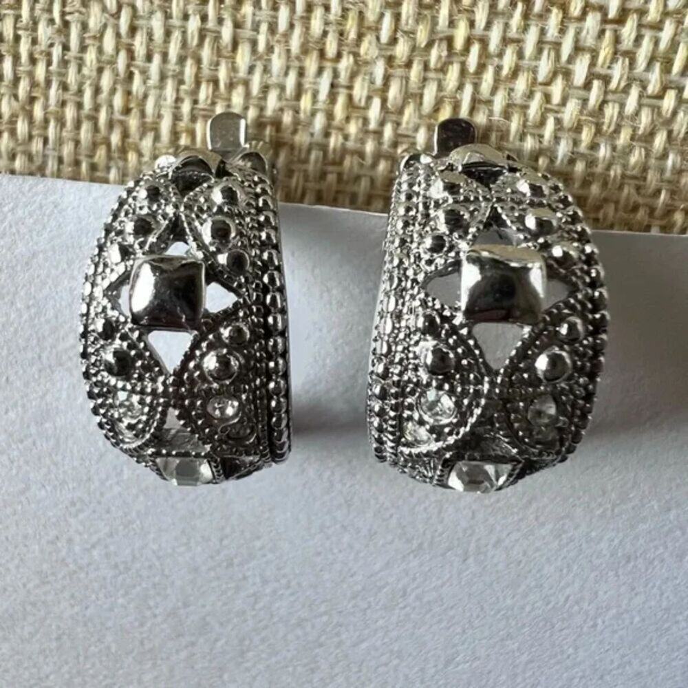 Rhinestones & Marcasites Clip On Silver Tone Earrings